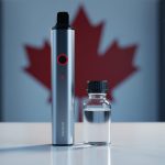 Eye-level close-up of a vape pod device next to a small clear e-liquid bottle with a child-resistant cap on a clean counter, softly lit, with a blurred Canadian maple leaf motif and out-of-focus vape shop shelves in the background.