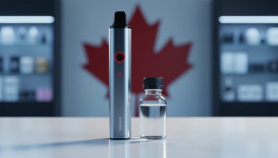 Eye-level close-up of a vape pod device next to a small clear e-liquid bottle with a child-resistant cap on a clean counter, softly lit, with a blurred Canadian maple leaf motif and out-of-focus vape shop shelves in the background.