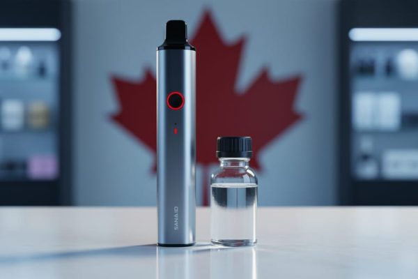 Eye-level close-up of a vape pod device next to a small clear e-liquid bottle with a child-resistant cap on a clean counter, softly lit, with a blurred Canadian maple leaf motif and out-of-focus vape shop shelves in the background.