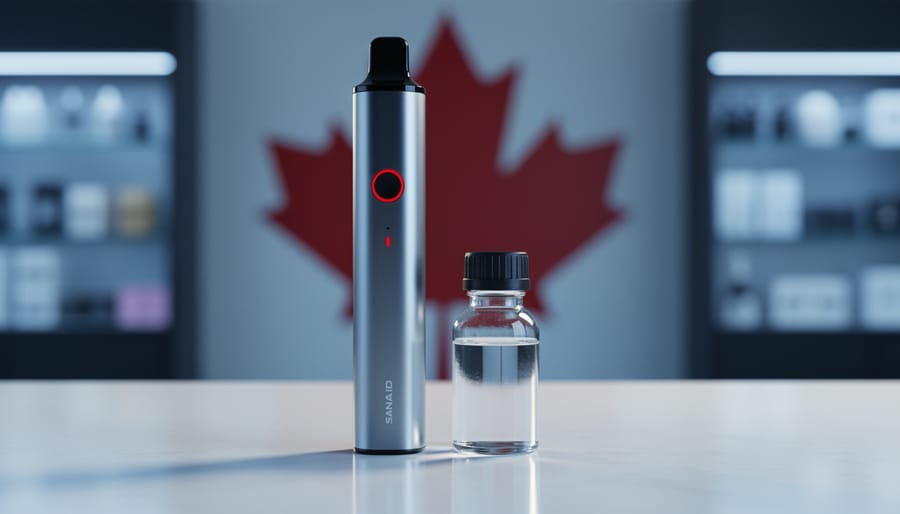 Eye-level close-up of a vape pod device next to a small clear e-liquid bottle with a child-resistant cap on a clean counter, softly lit, with a blurred Canadian maple leaf motif and out-of-focus vape shop shelves in the background.
