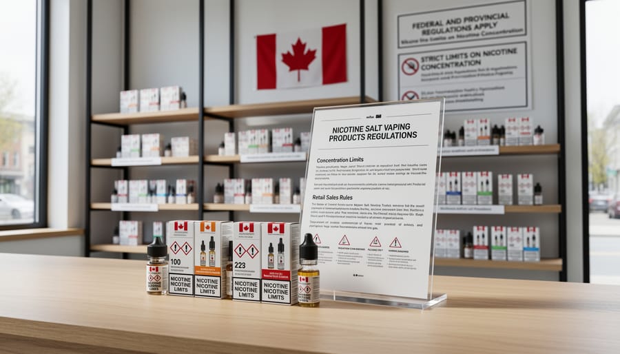 Modern vape device with nicotine salt pod on pharmacy counter