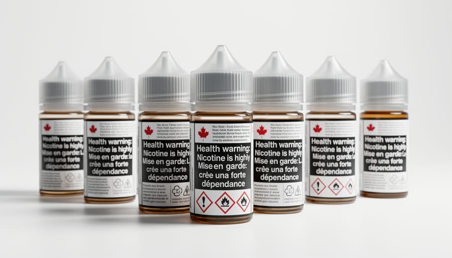 Hands examining child-resistant vape product packaging with regulatory labels