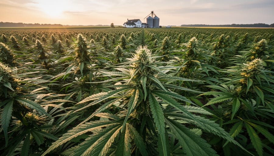Industrial hemp plants growing in neatly spaced rows in a Canadian field under daylight