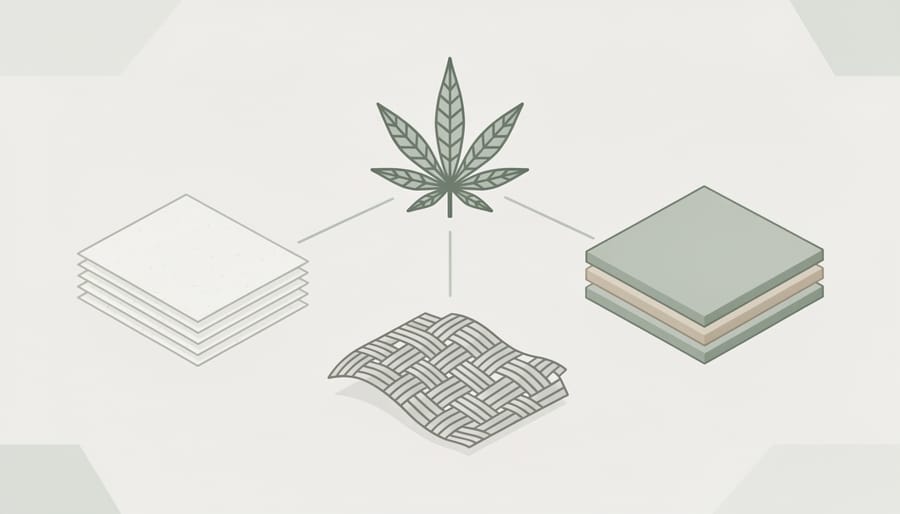 Workbench with hemp-based paper, hemp fabric, and a textured composite panel in soft studio light