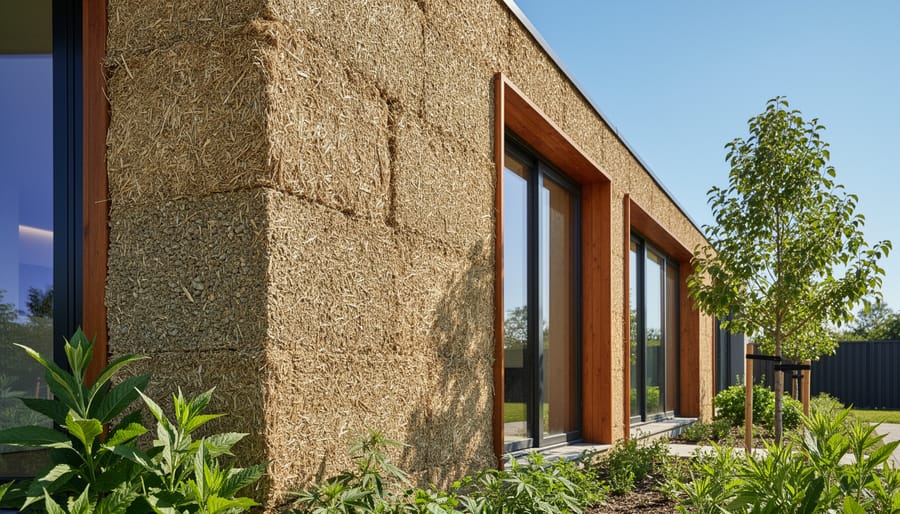 Close view of a hempcrete wall texture inside a modern construction setting
