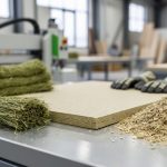 “Hemp fiber bundles and a hemp composite panel on a factory worktable in a modern Canadian manufacturing setting.”