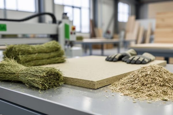 “Hemp fiber bundles and a hemp composite panel on a factory worktable in a modern Canadian manufacturing setting.”