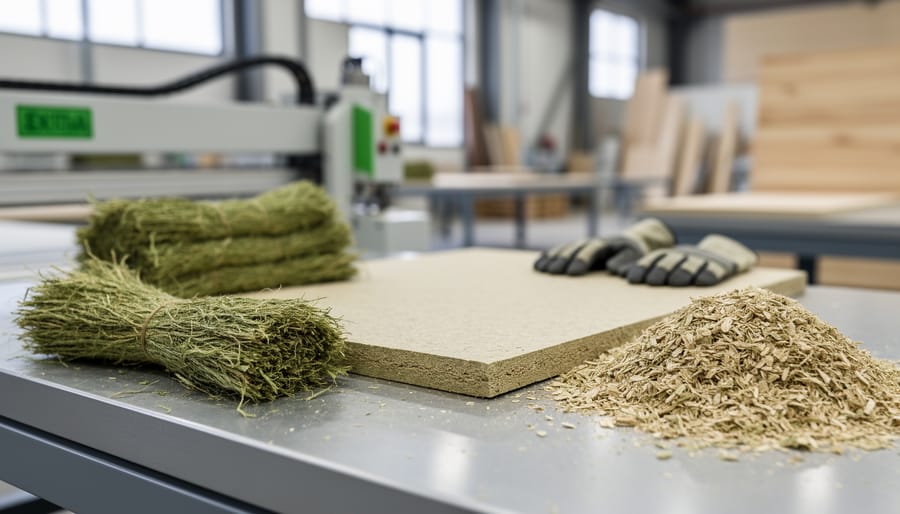 “Hemp fiber bundles and a hemp composite panel on a factory worktable in a modern Canadian manufacturing setting.”