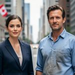 A woman and a man standing side-by-side on a Canadian city street, symbolizing the gender wage gap concept.