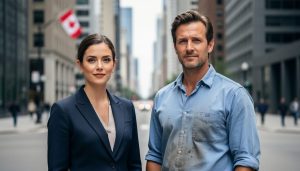 A woman and a man standing side-by-side on a Canadian city street, symbolizing the gender wage gap concept.
