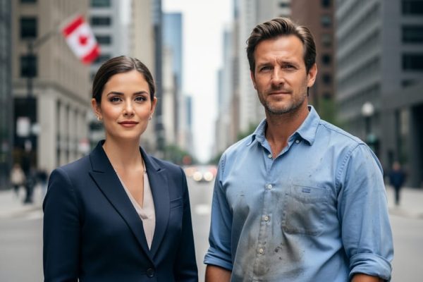 A woman and a man standing side-by-side on a Canadian city street, symbolizing the gender wage gap concept.