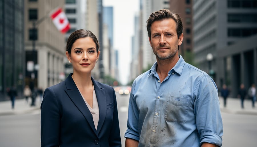 A woman and a man standing side-by-side on a Canadian city street, symbolizing the gender wage gap concept.