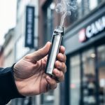 Close-up of a metallic pod-style vaping device in front of a blurred Canadian urban street scene, with faint vapor wisps rising.