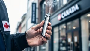 Close-up of a metallic pod-style vaping device in front of a blurred Canadian urban street scene, with faint vapor wisps rising.