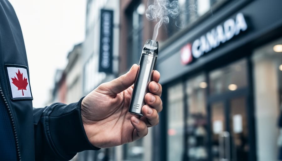 Close-up of a metallic pod-style vaping device in front of a blurred Canadian urban street scene, with faint vapor wisps rising.