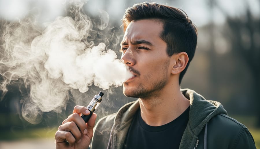 Close-up of a vape device releasing visible vapor near a window at night with blurred lights in the background