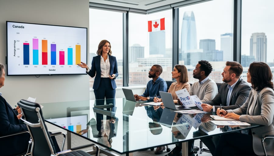 Diverse group of women and men standing outside a modern office building in Canada