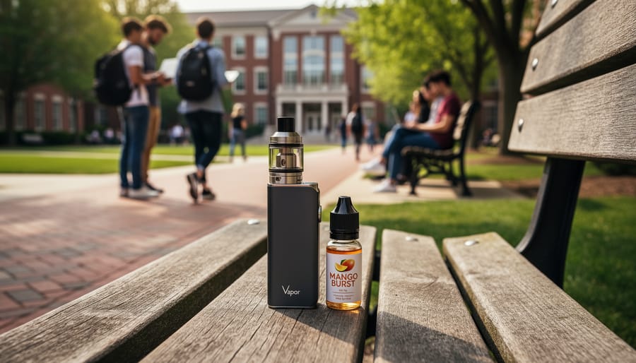Sleek pod and disposable vaping devices resting on a campus bench with a blurred student environment in the background