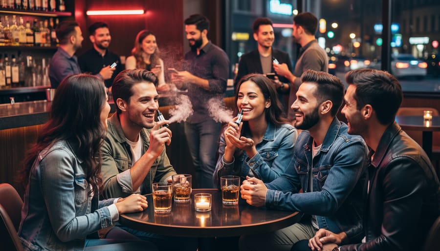 Two young adults conversing outside a Canadian restaurant entrance with one holding a vape, softly blurred city lights behind them