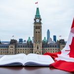 “View of Parliament Hill in Ottawa with the Peace Tower and Canadian flag colors, with legal documents in the foreground symbolizing political and legislative change.”