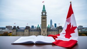 “View of Parliament Hill in Ottawa with the Peace Tower and Canadian flag colors, with legal documents in the foreground symbolizing political and legislative change.”