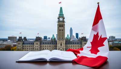 “View of Parliament Hill in Ottawa with the Peace Tower and Canadian flag colors, with legal documents in the foreground symbolizing political and legislative change.”