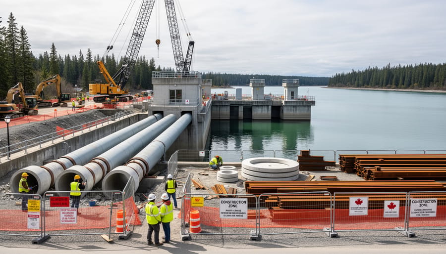 Construction cranes at an infrastructure build site near a harbor