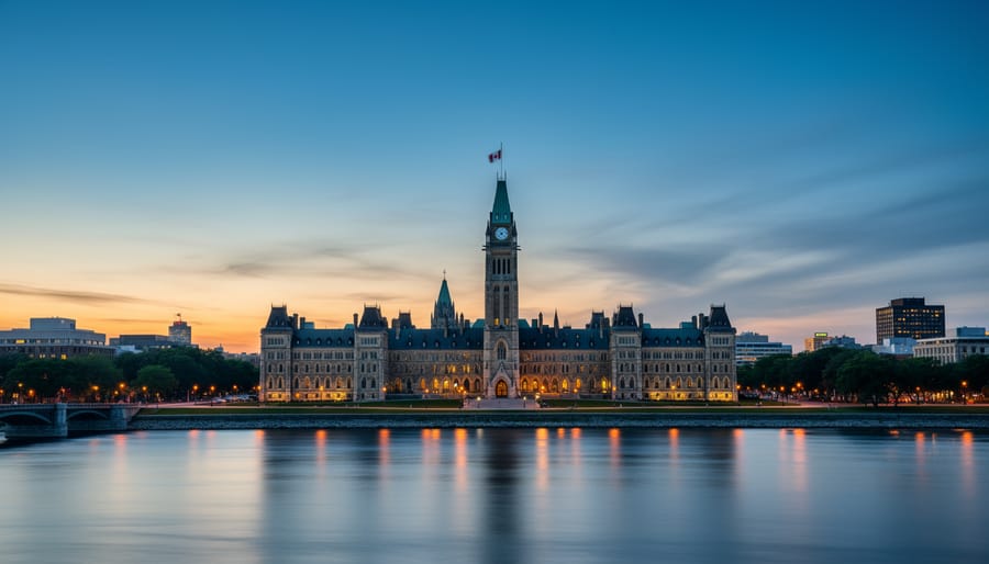 View of Canada’s Parliament buildings on Parliament Hill at dusk