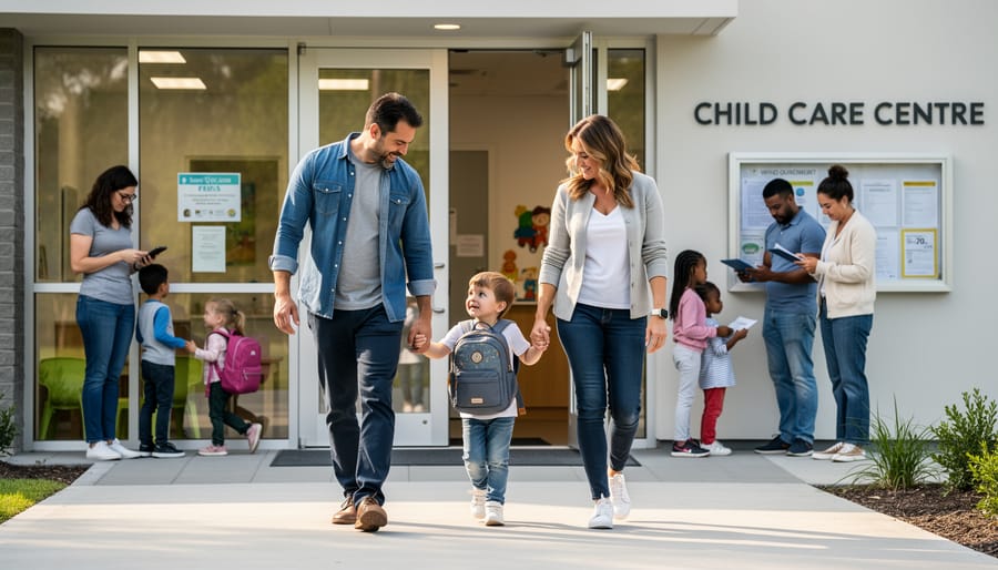 Parent and toddler entering a child care centre entrance in Canada.