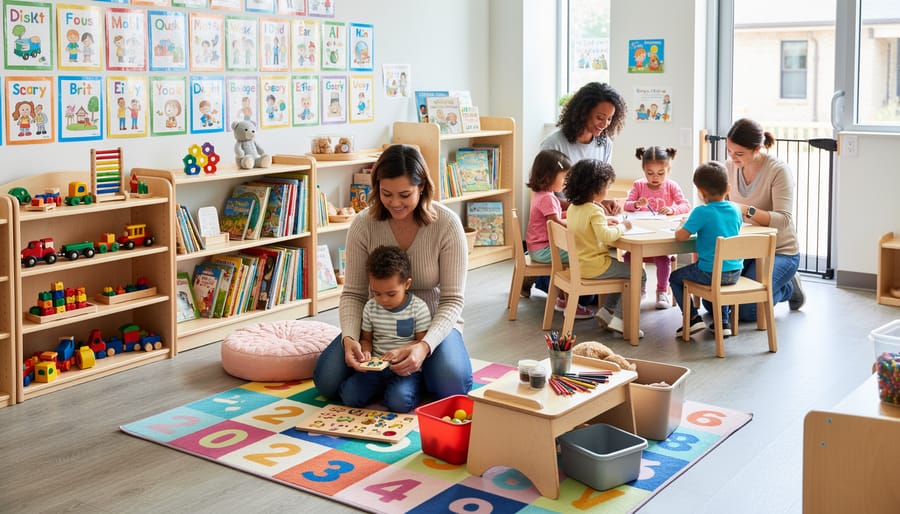 Close-up of a daycare worker’s hands arranging children’s art supplies on a table.