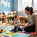 A caregiver and toddler in a bright Canadian daycare classroom with toys and play mats in the background.