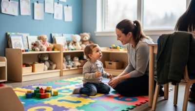 A caregiver and toddler in a bright Canadian daycare classroom with toys and play mats in the background.