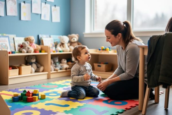 A caregiver and toddler in a bright Canadian daycare classroom with toys and play mats in the background.