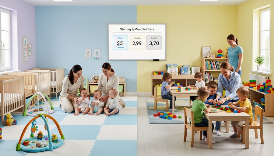 Caregiver on the floor with infants and toddlers playing in a daycare classroom.