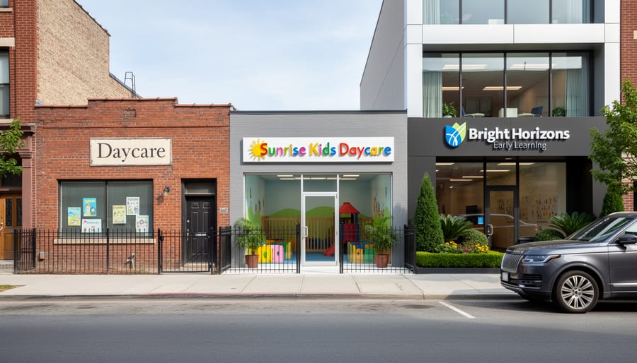 Daycare centre exterior storefront with warm light visible through large windows.
