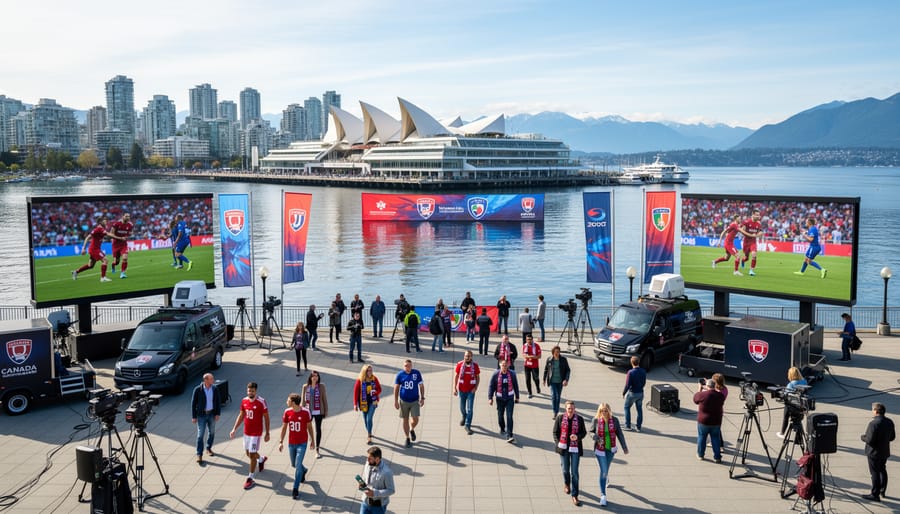 BC Place Stadium exterior with Vancouver skyline and sailboats on the water in the background