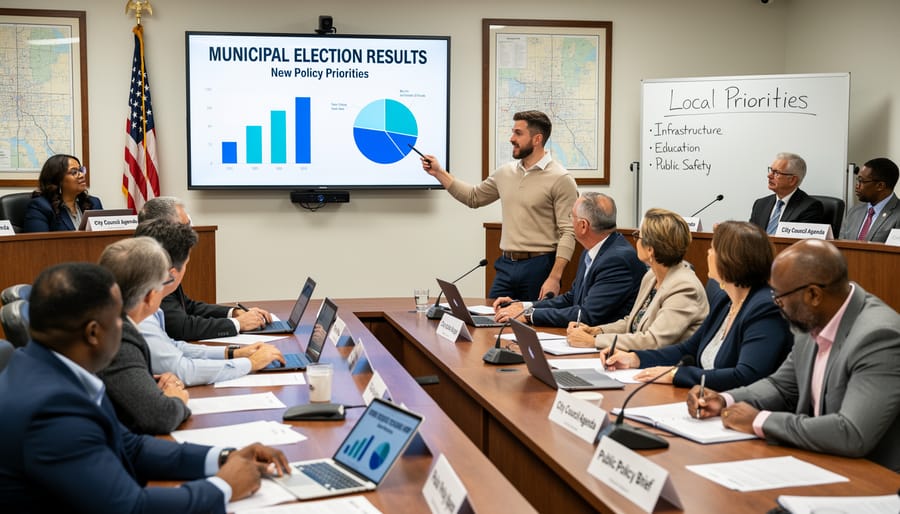 Microphones and seating in a municipal council chamber with people blurred in the background